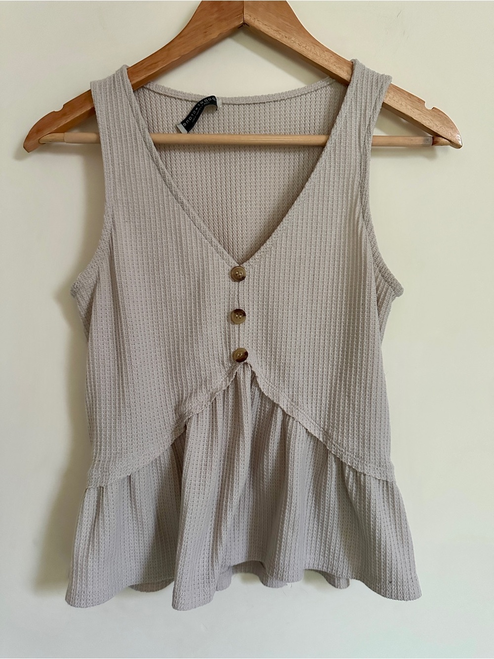 Paper Crane Taupe Waffle Knit Peplum Tank with Buttons